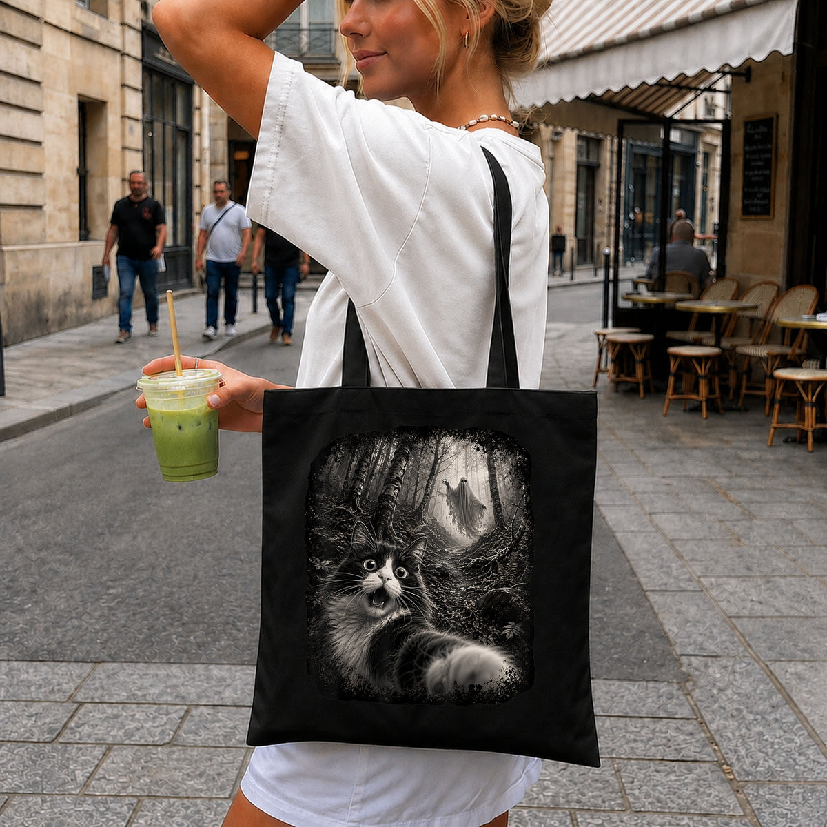 Scared Cat Selfie Ghost Dark Forest Halloween, Grayscale Horror PNG