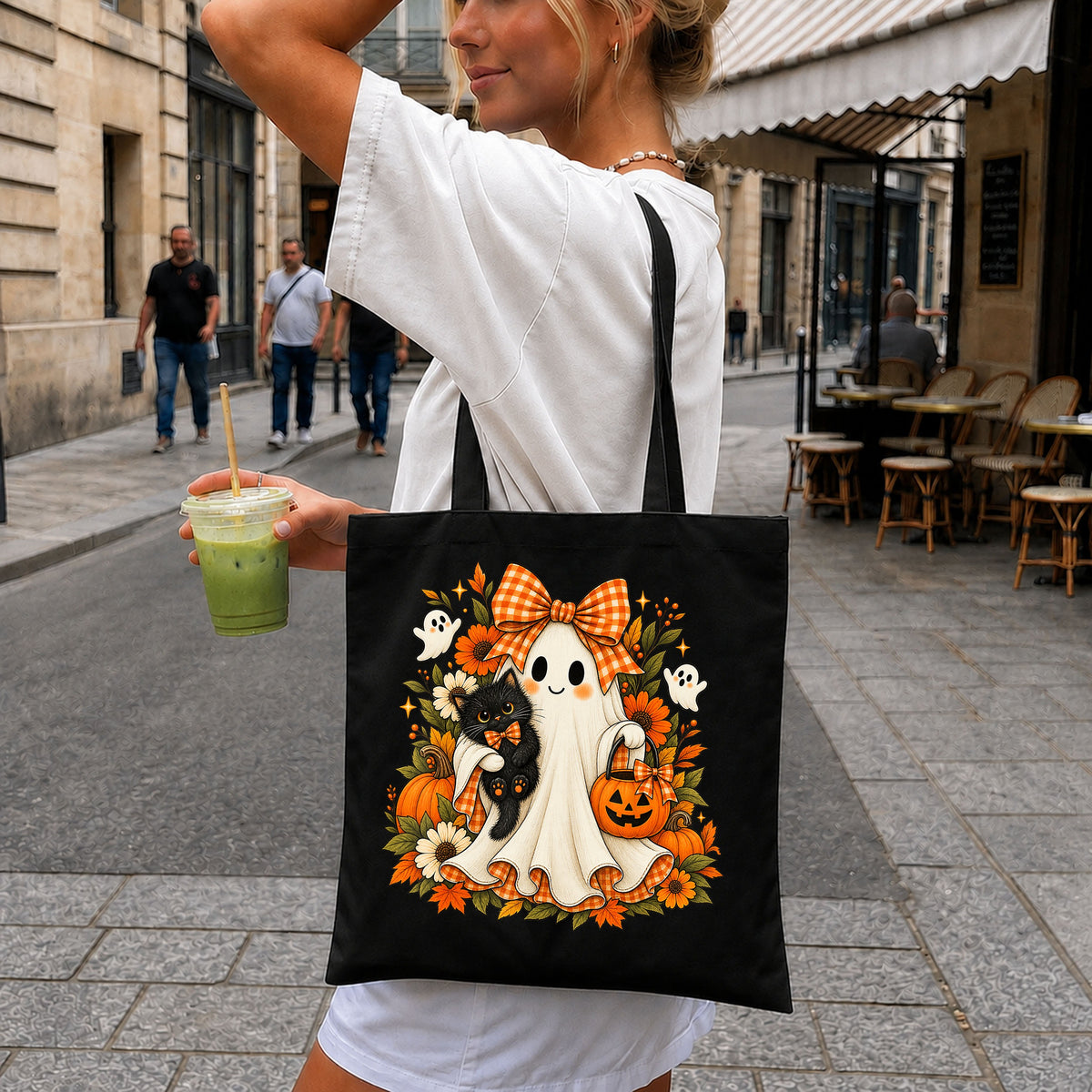 Ghost With Black Cat Bow Pumpkin Clipart, Fall Floral Sunflower Scene