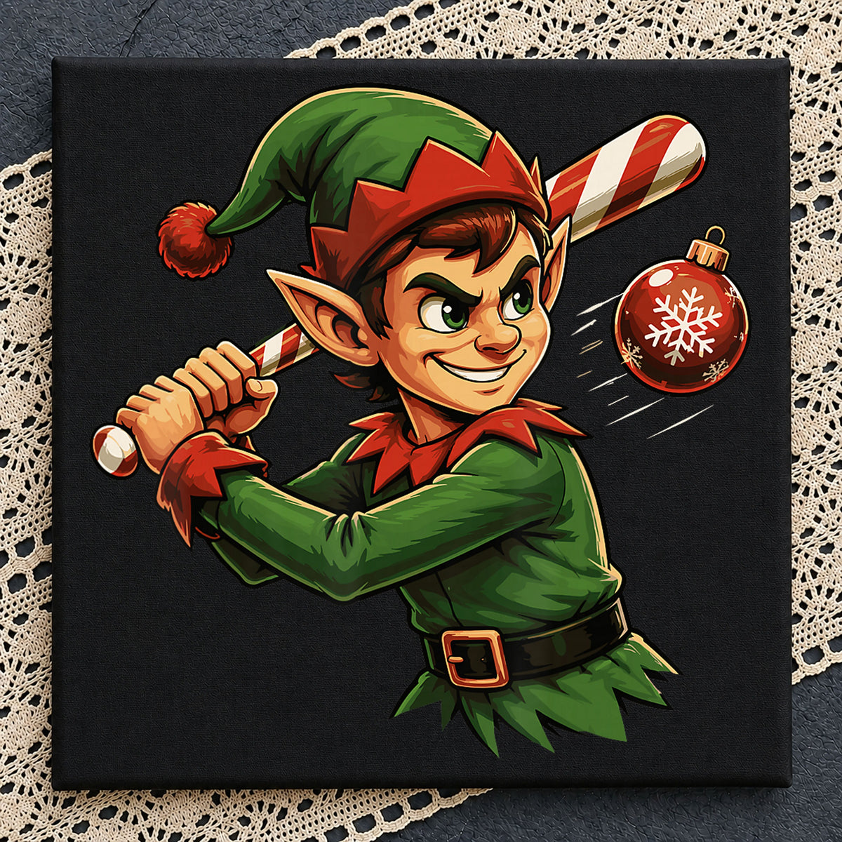 Christmas Elf Swinging Candy Cane Bat Ornament PNG