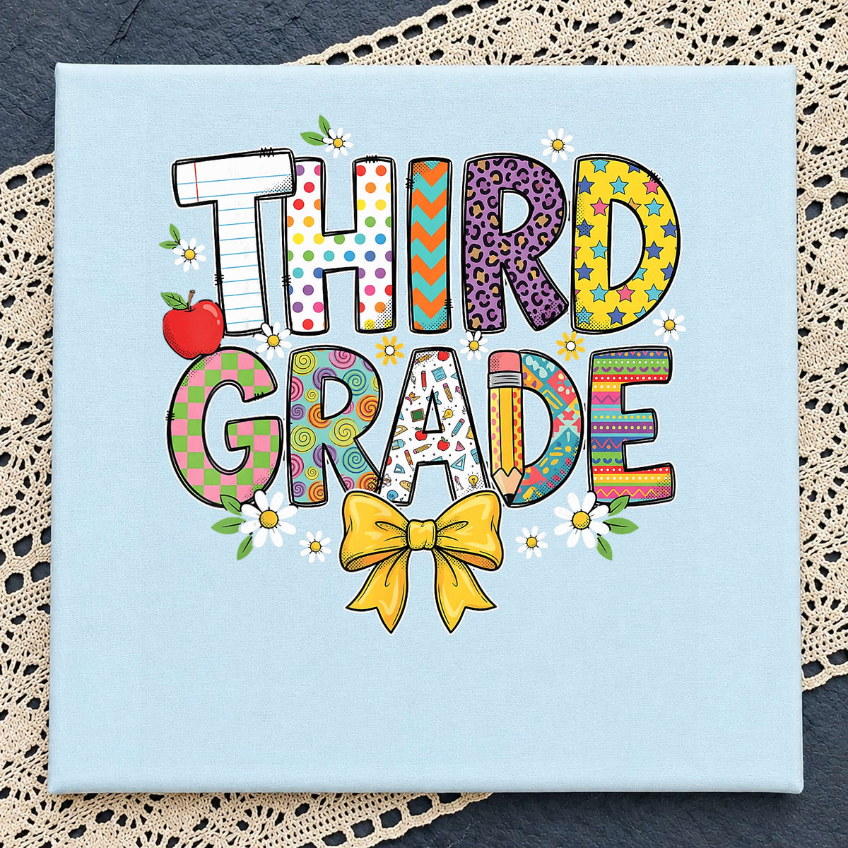 Third Grade Colorful Doodle Letters Clipart, Yellow Bow Apple Floral