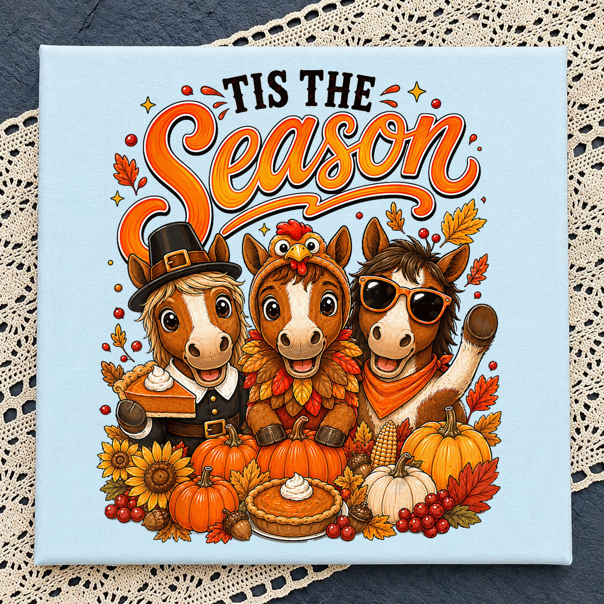 Tis The Season Horses Thanksgiving Clipart, Fall Pumpkin Trio Scene