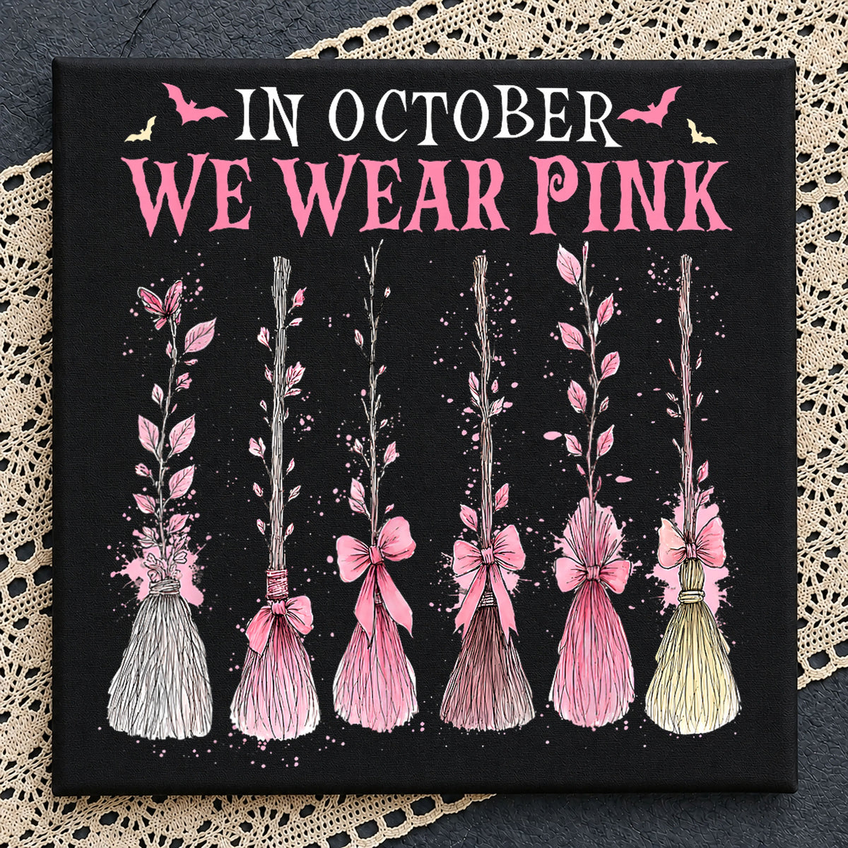 In October We Wear Pink Witch Brooms Halloween PNG
