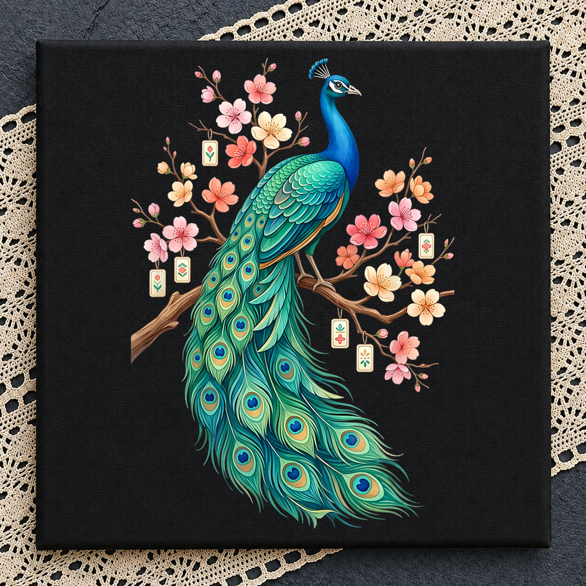 Peacock Cherry Blossom Mahjong Floral Branch PNG