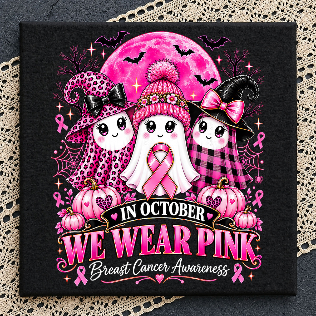 In October We Wear Pink Breast Cancer Ghost Halloween PNG