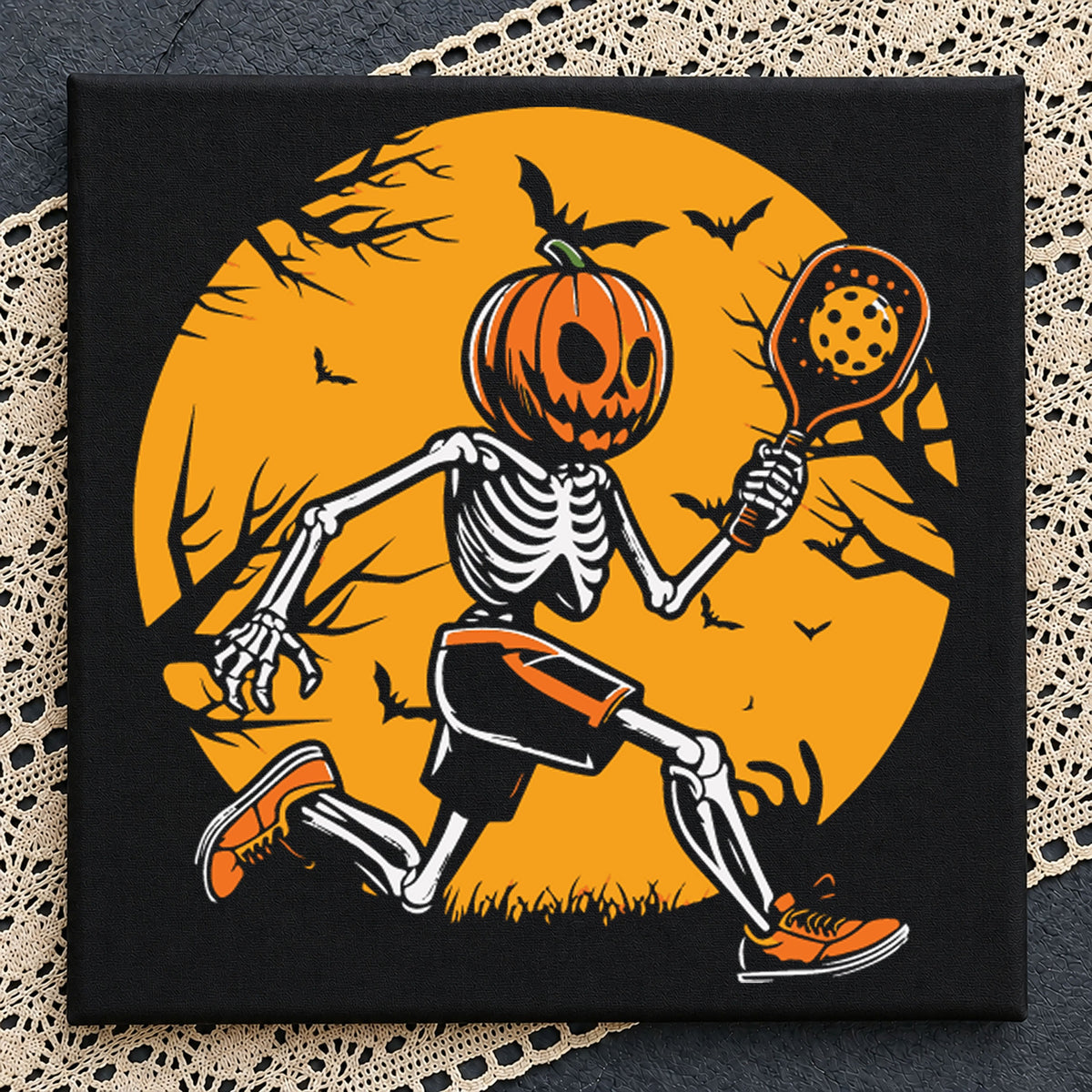 Pumpkin Head Skeleton Pickleball Halloween PNG