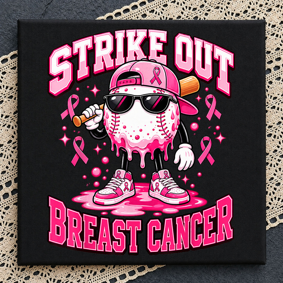 Strike Out Breast Cancer Baseball Character Pink Ribbon PNG