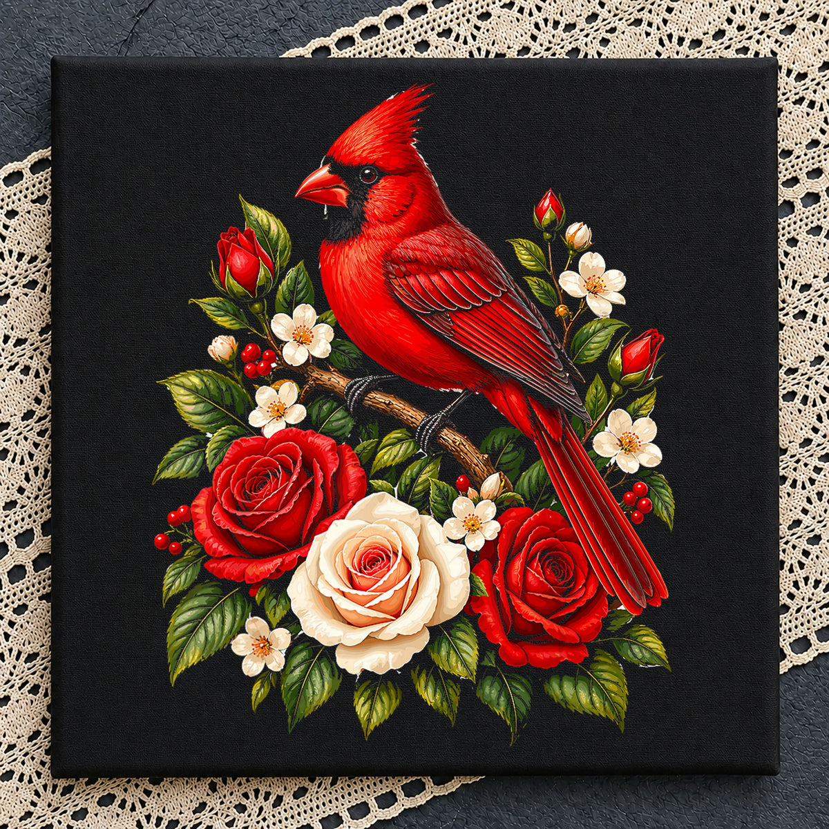 Red Cardinal Bird Roses Floral Branch Botanical PNG