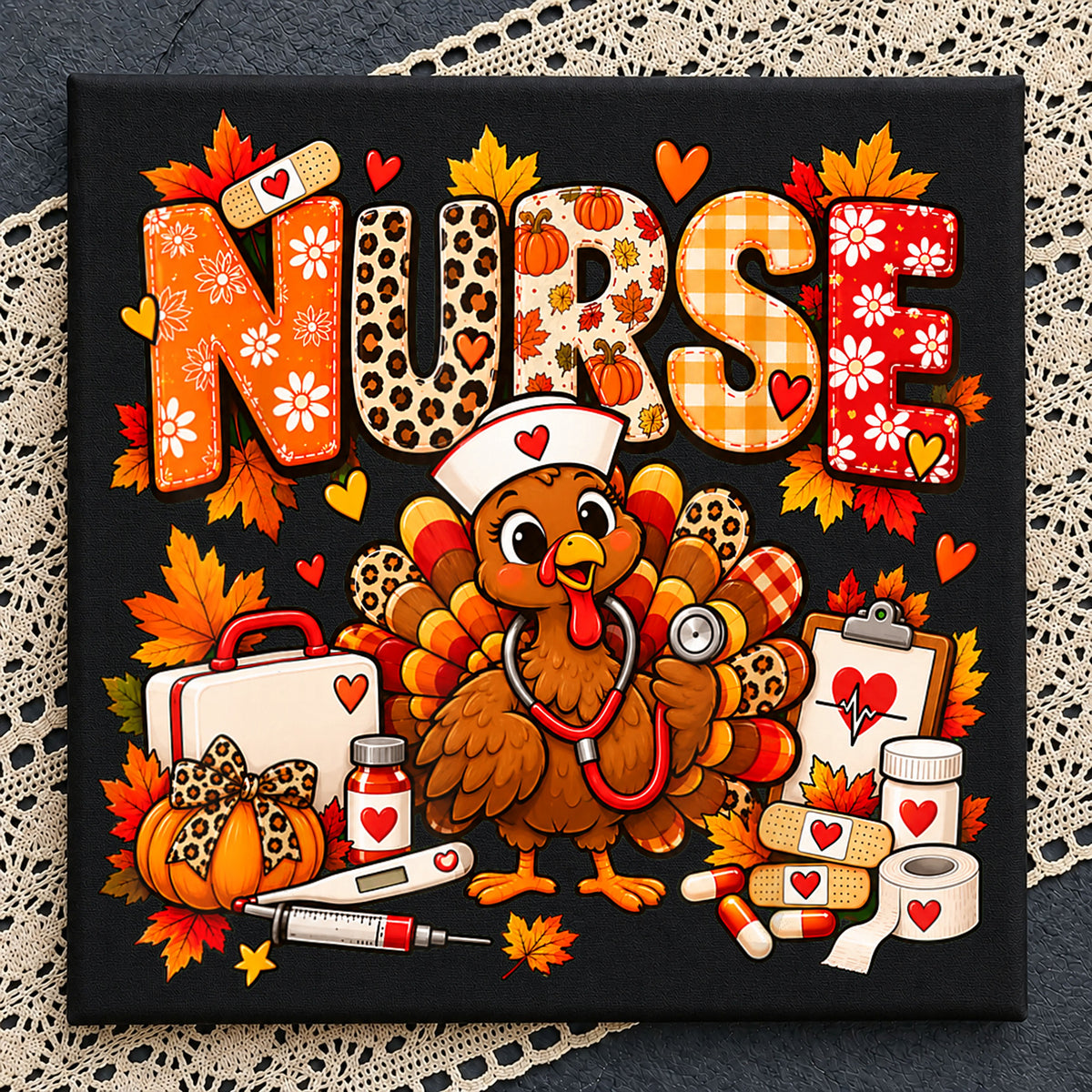 Thanksgiving Turkey Nurse Stethoscope Fall Leaves PNG