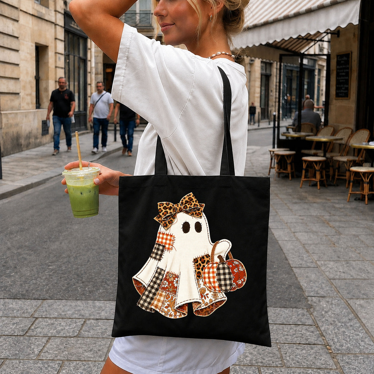 Patchwork Ghost With Pumpkin PNG, Halloween Ghost PNG, Leopard Bow PNG