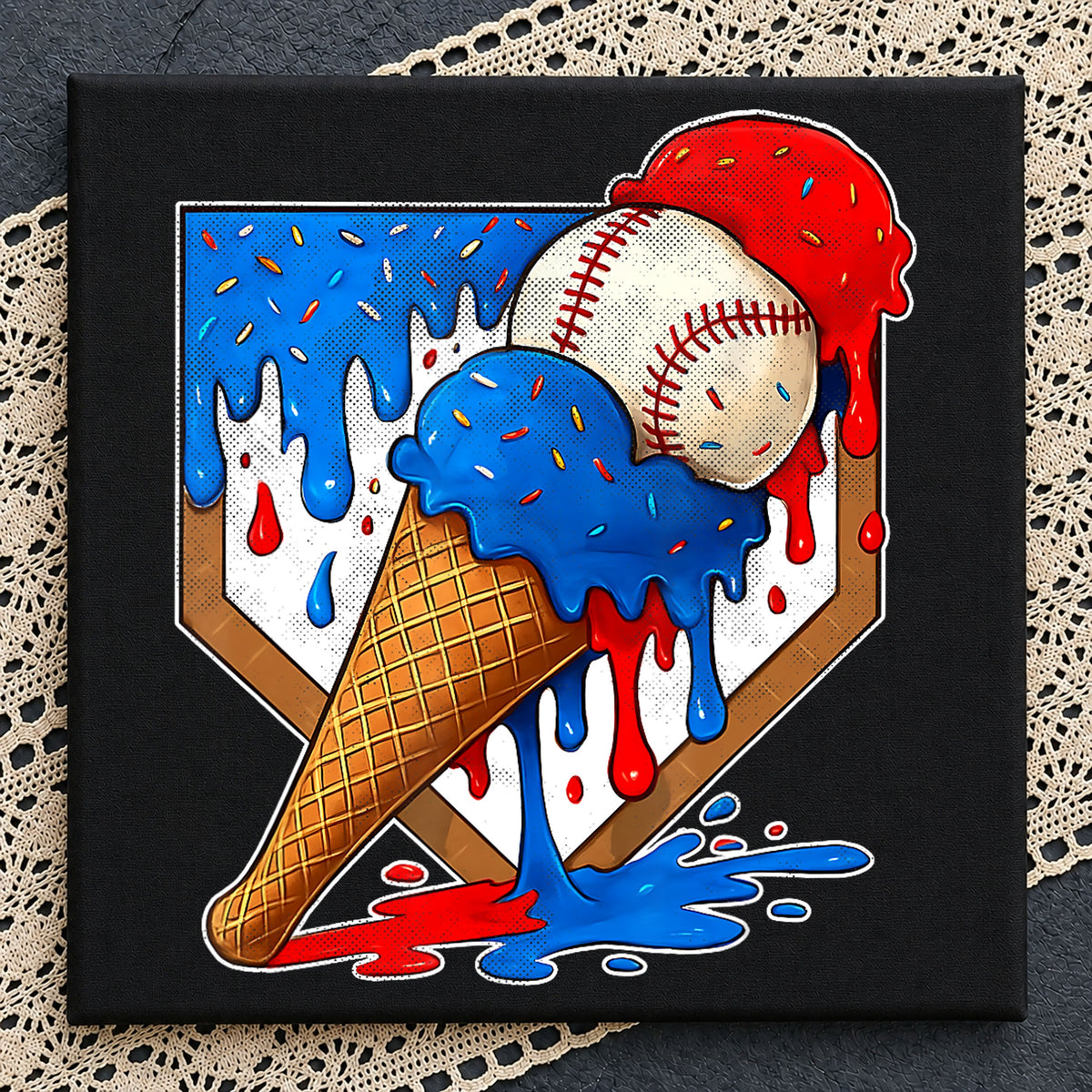 Baseball Ice Cream Cone Drip Red Blue Patriotic PNG