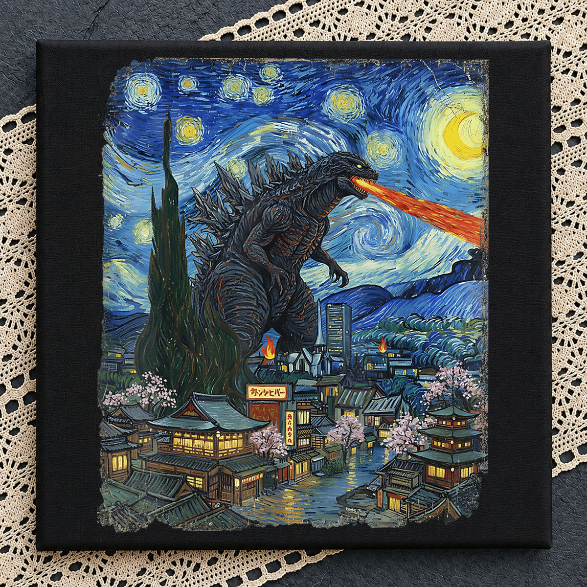 Godzilla Starry Night Van Gogh Japanese City PNG