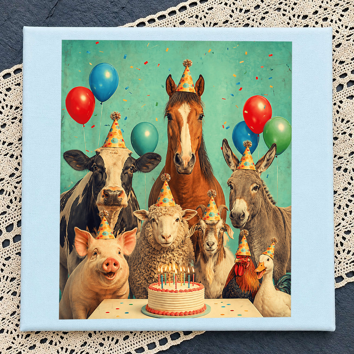 Farm Animals Birthday Party Clipart, Cake Balloons Party Hats Scene