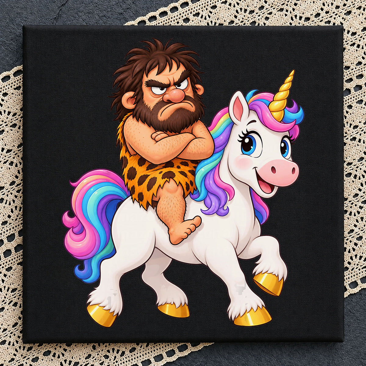 Caveman Riding Unicorn Rainbow Grumpy Prehistoric PNG