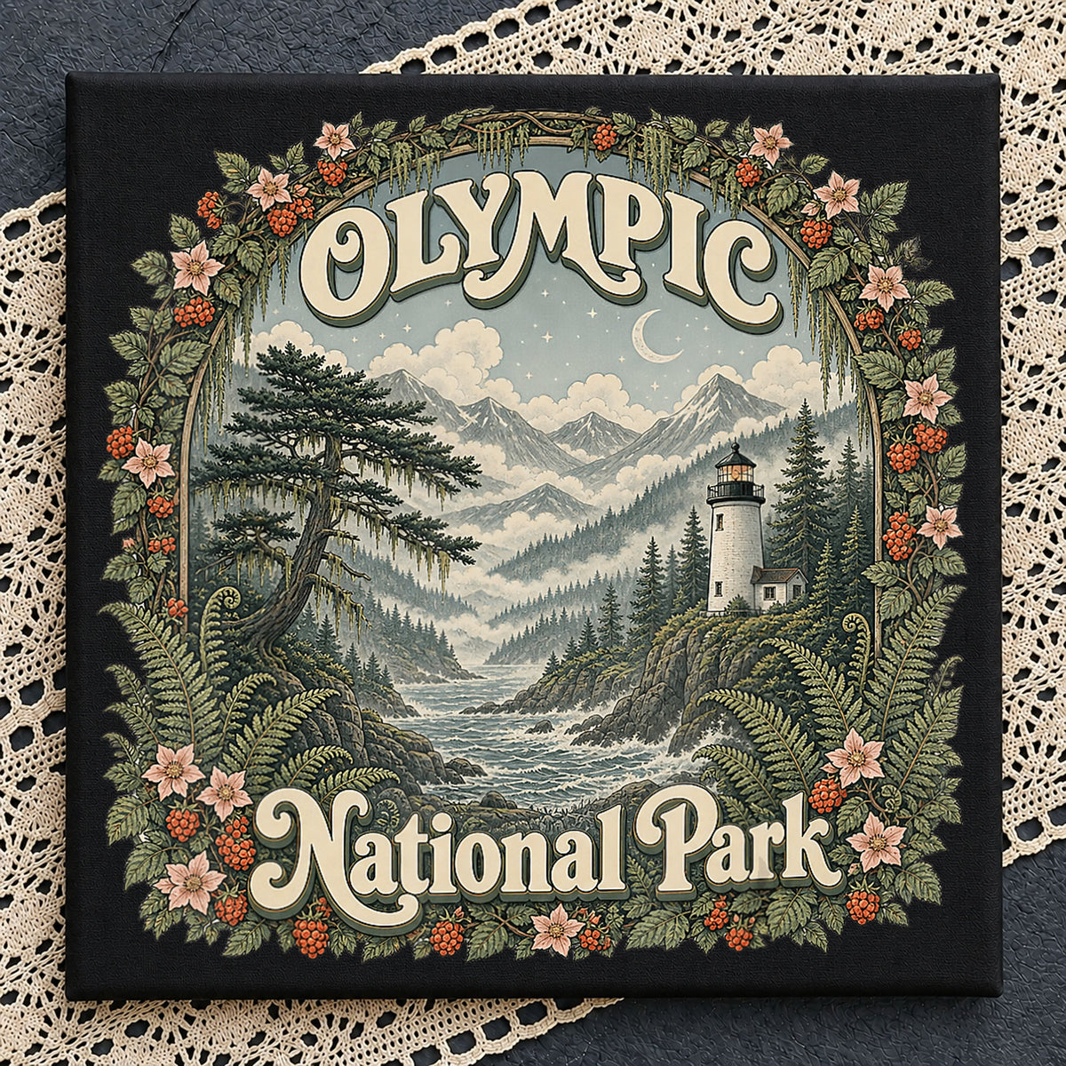 Olympic National Park PNG, Vintage Floral Lighthouse Scene