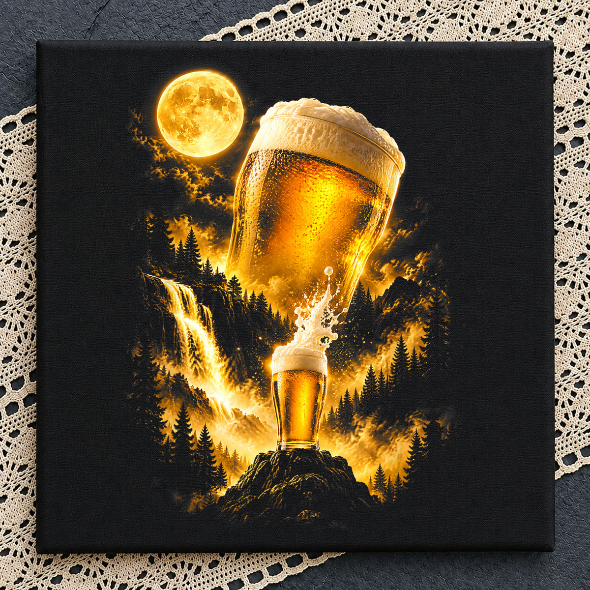 Beer Glass Full Moon Forest Waterfall Mystic Night PNG