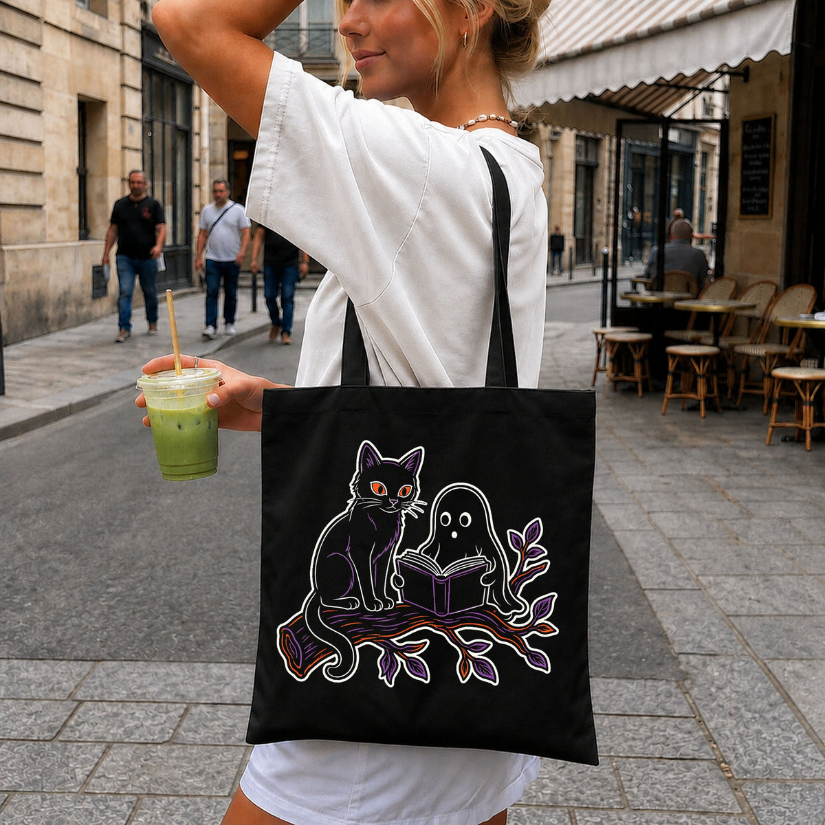 Black Cat And Ghost Reading Book On Branch, Halloween Spooky Night PNG