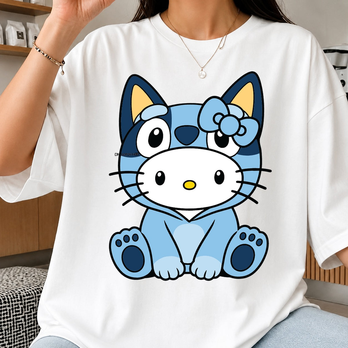 Bluey Hello Kitty Mashup Sitting Pose, Blue Cat Bow Crossover, Clipart