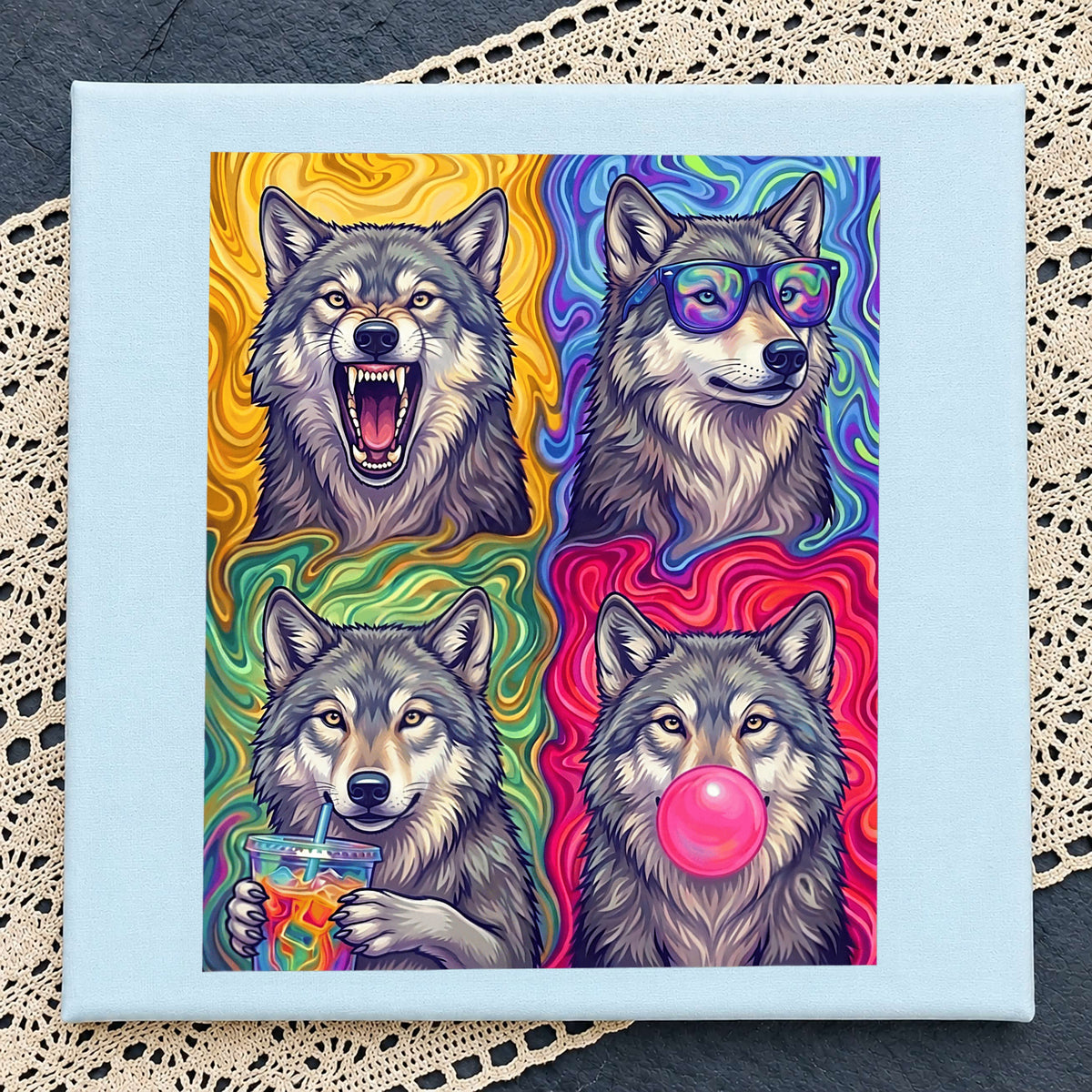 Colorful Wolf Pack Pop Art Grid Clipart, Psychedelic Swirl Sunglasses