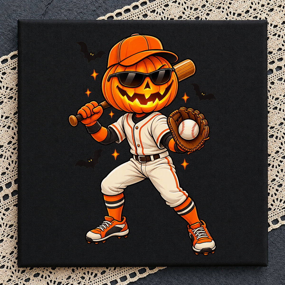 Halloween Pumpkin Baseball Player Bat Glove PNG