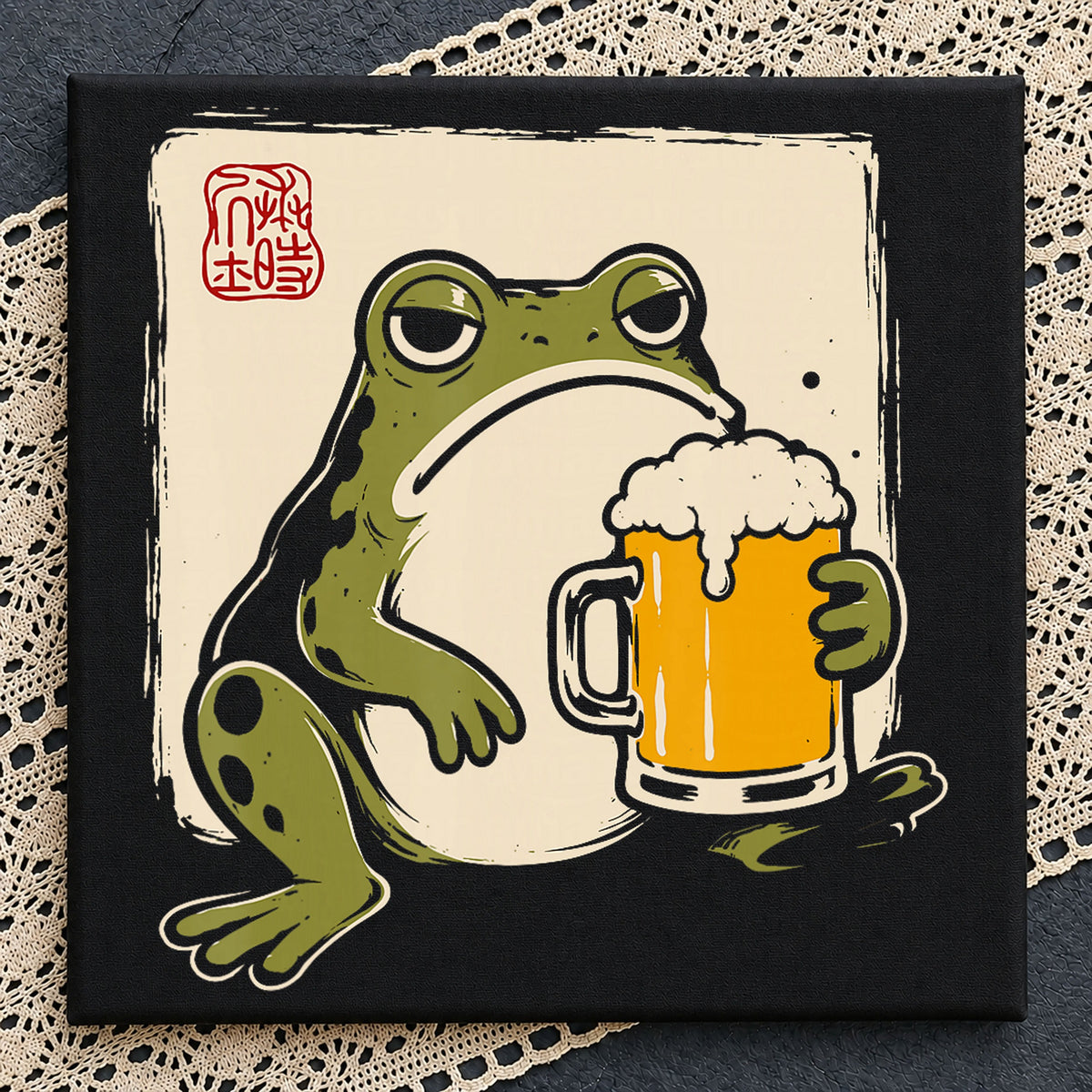 Grumpy Frog Drinking Beer Japanese Art Style PNG