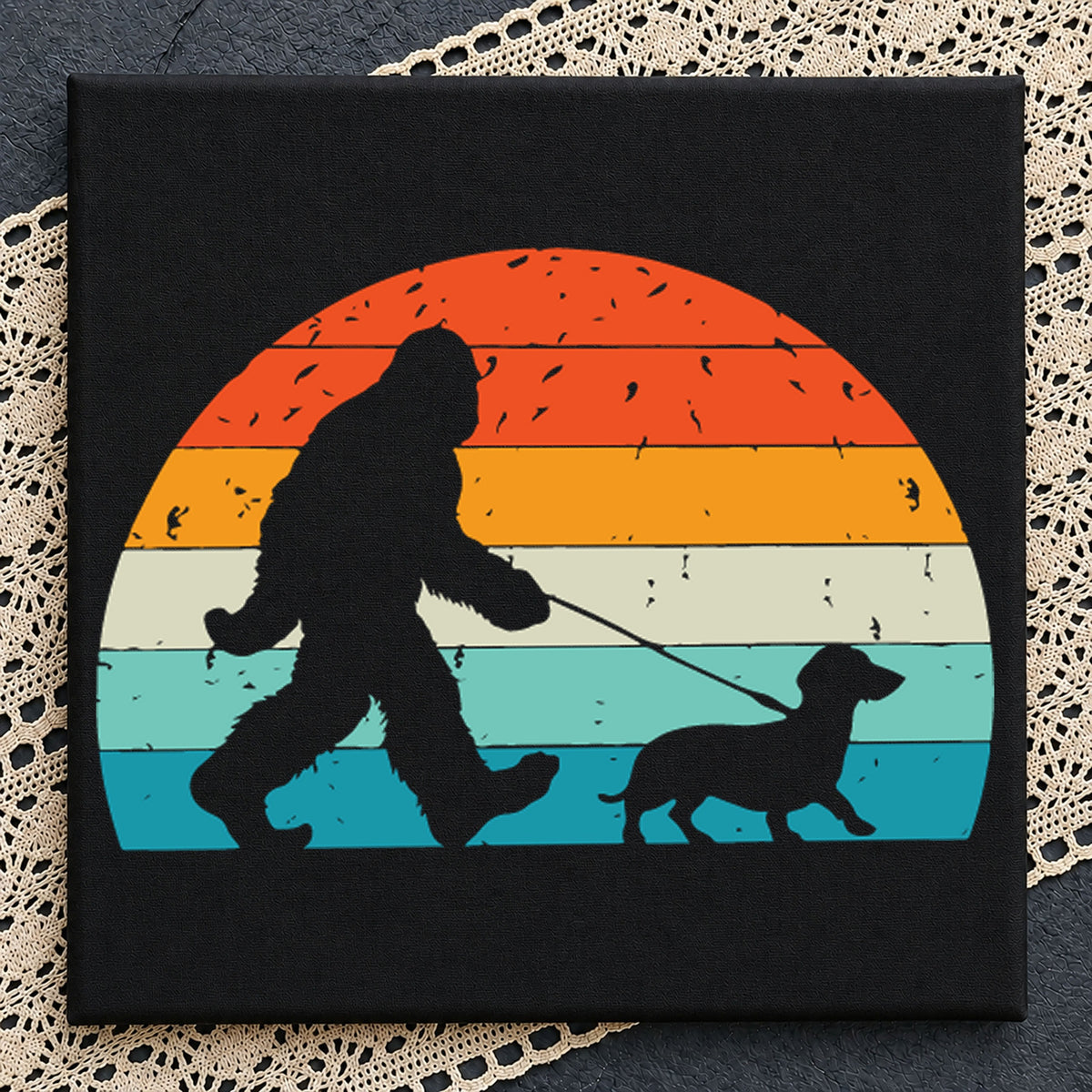 Bigfoot Walking Dog Retro Sunset Stripes Clipart PNG