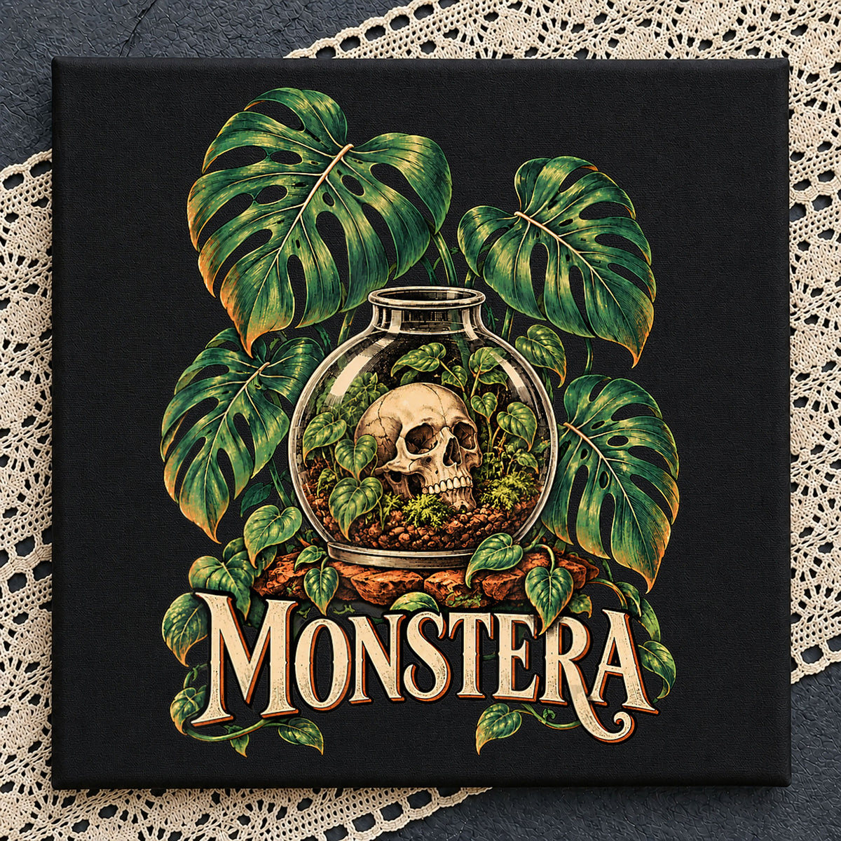 Monstera Skull Terrarium Plant Witch Dark Botanical PNG