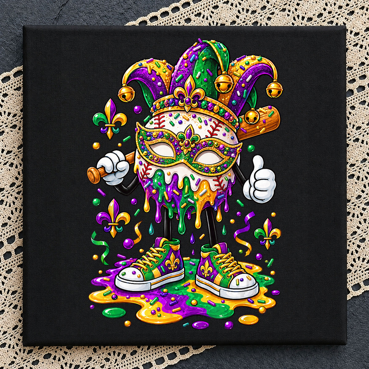 Mardi Gras Baseball Jester Mask Drip Character PNG