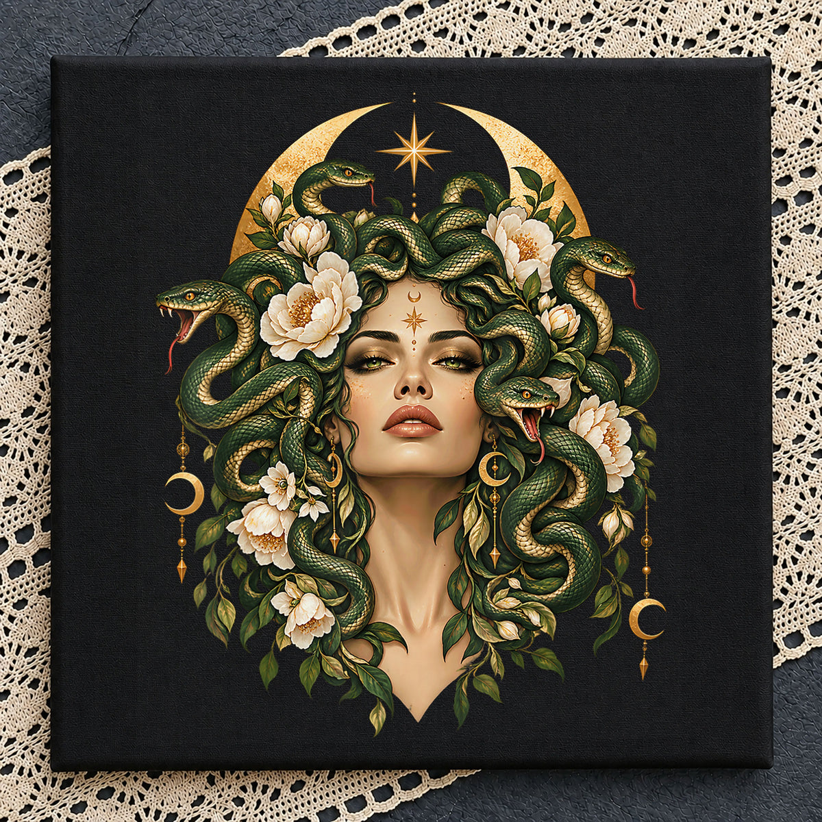 Medusa Floral Moon Snake Hair Goddess Portrait PNG