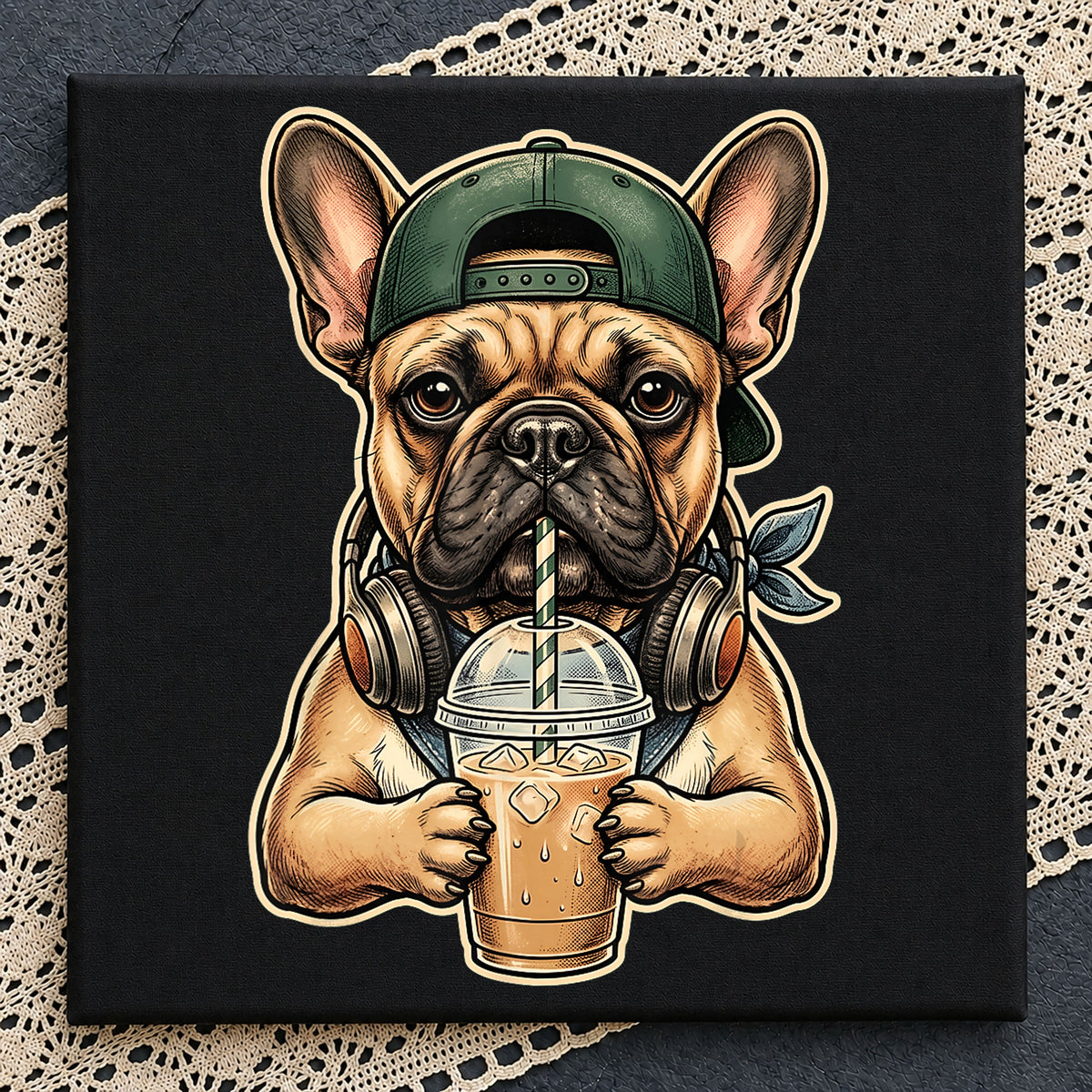 French Bulldog Iced Coffee Headphones Snapback PNG