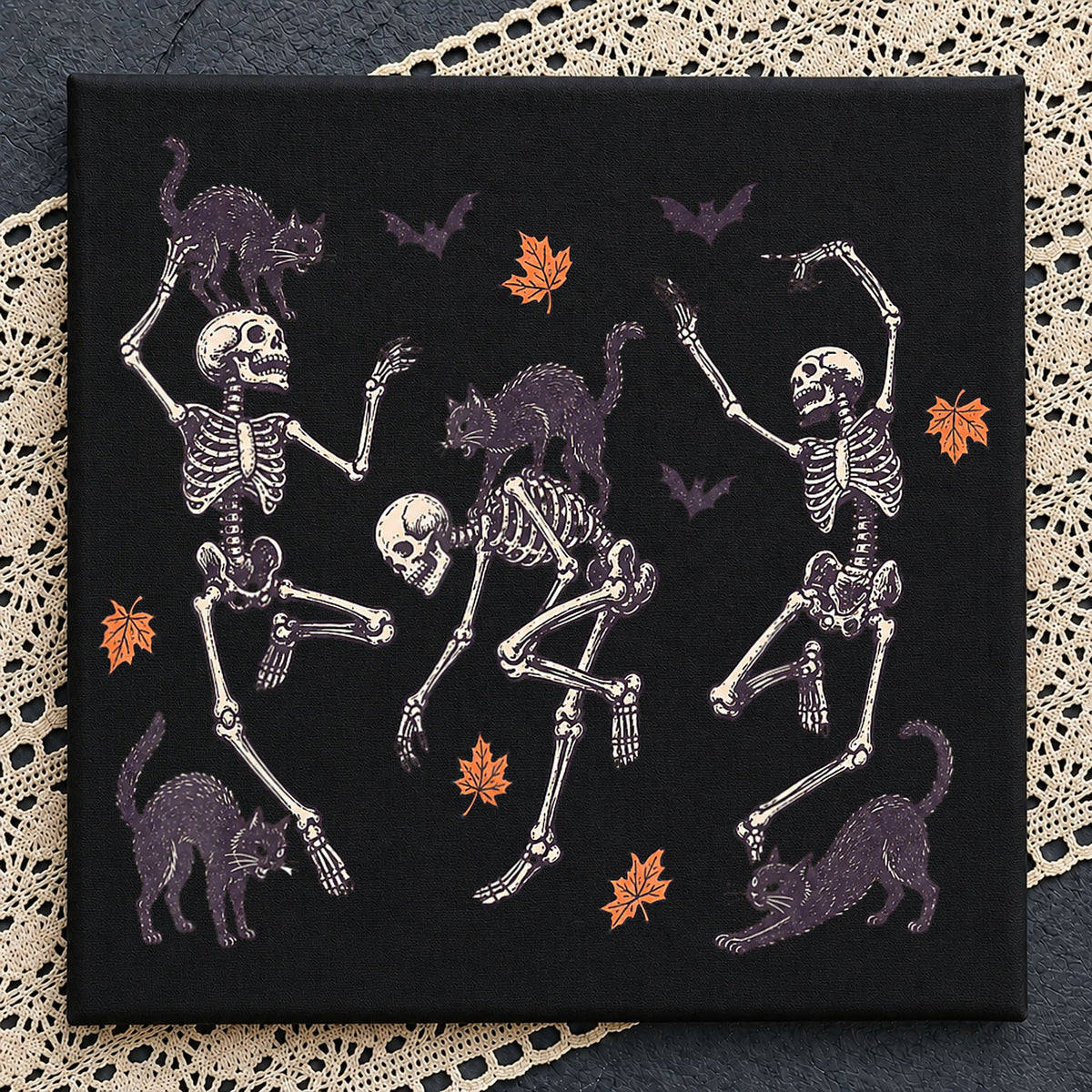 Dancing Skeletons Black Cats Halloween Fall Leaves PNG