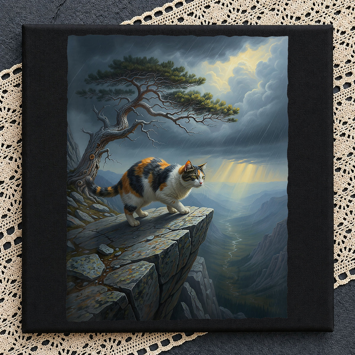 Calico Cat Stormy Cliff Dramatic Landscape Art PNG