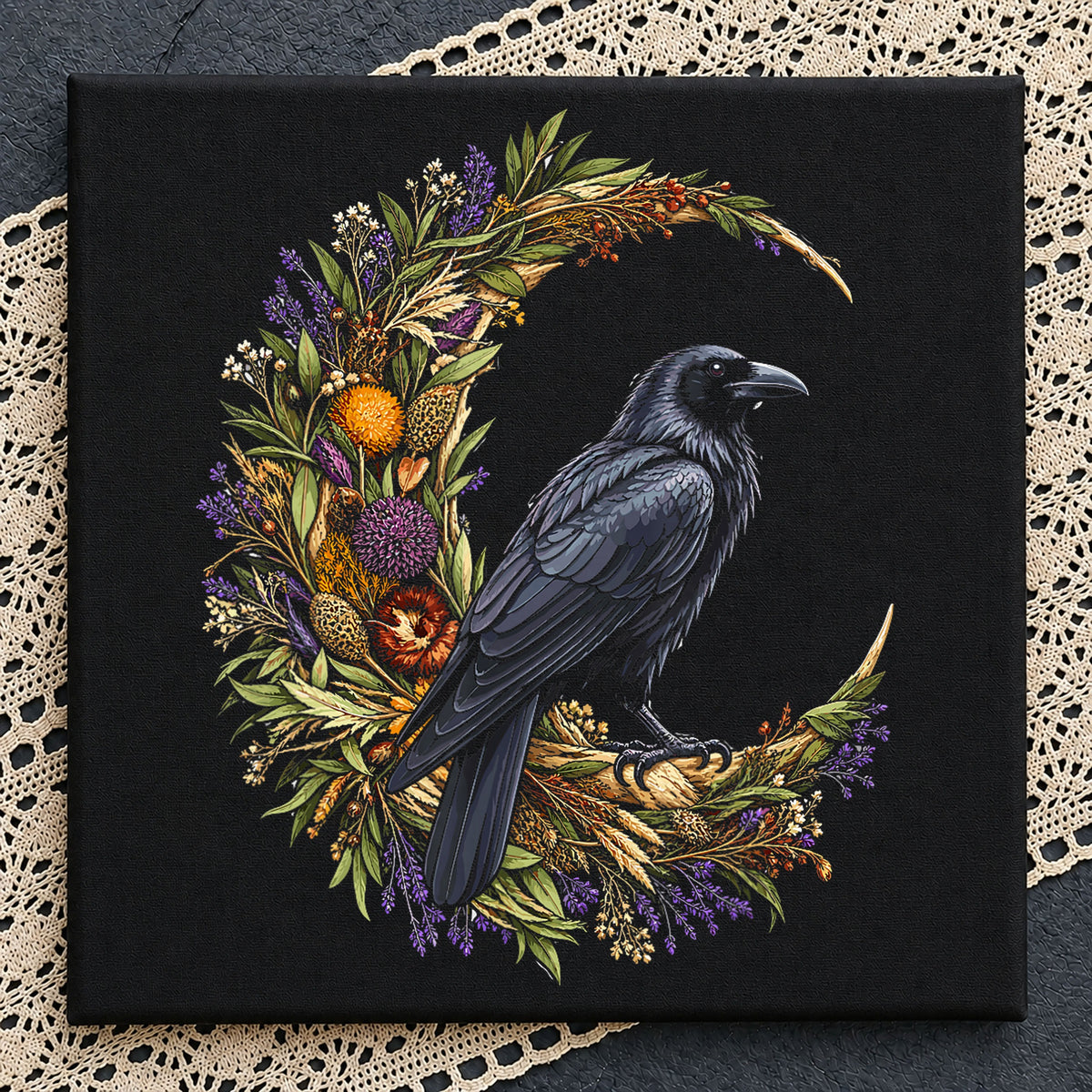 Raven Floral Crescent Moon Botanical Witchy Clipart PNG