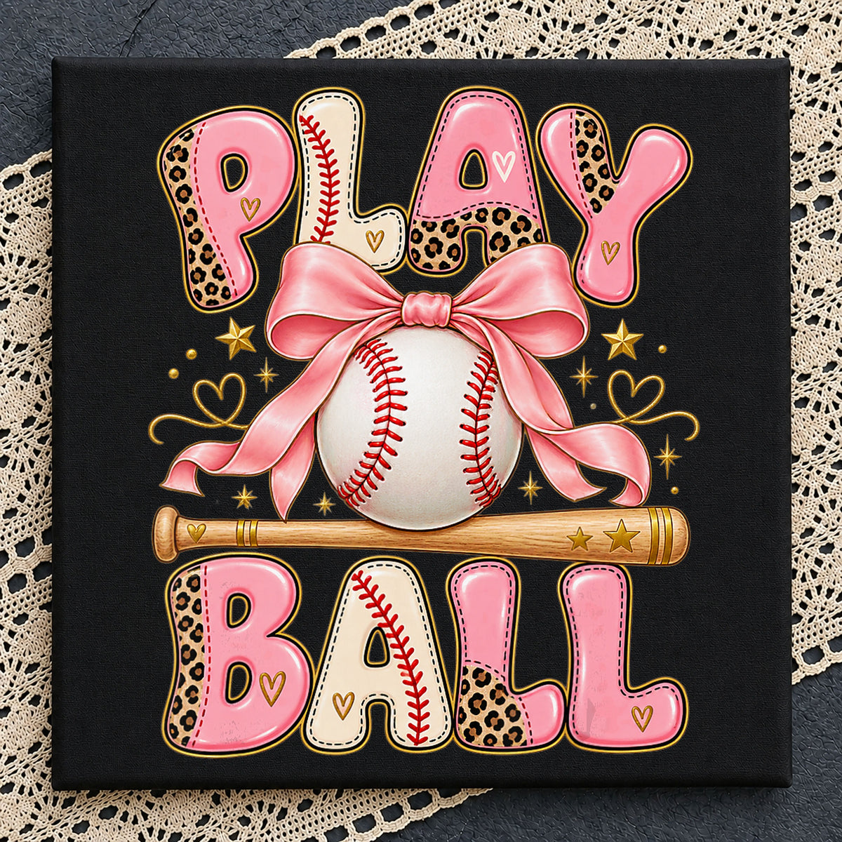 Play Ball Baseball Coquette Bow Leopard Print PNG