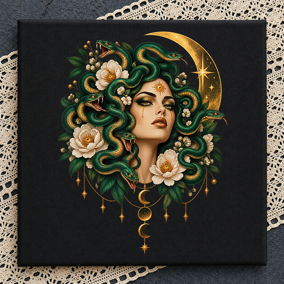 Medusa Floral Snake Moon Goddess Celestial Art PNG