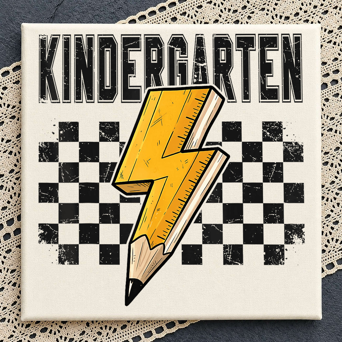 Kindergarten Pencil Lightning Bolt Clipart, Checkered Retro School