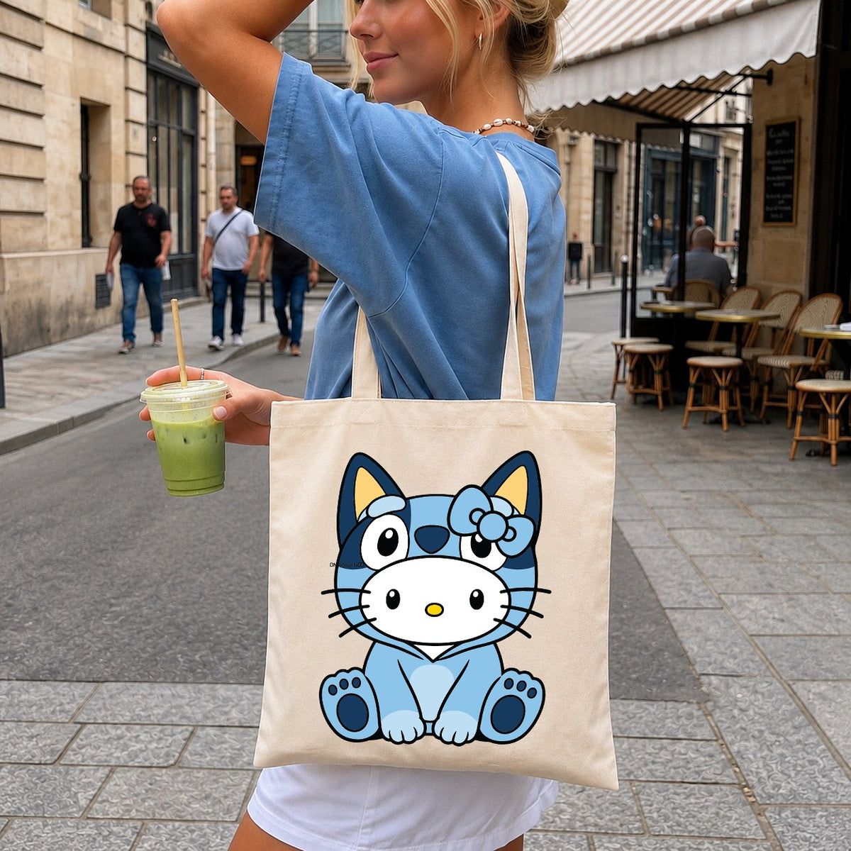 Bluey Hello Kitty Mashup Sitting Pose, Blue Cat Bow Crossover, Clipart