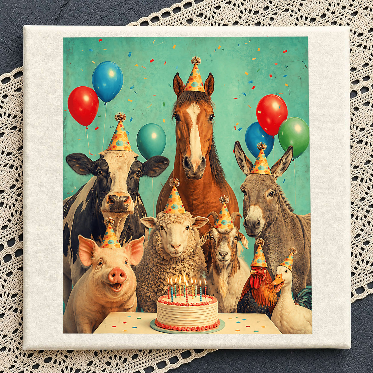 Farm Animals Birthday Party Clipart, Cake Balloons Party Hats Scene