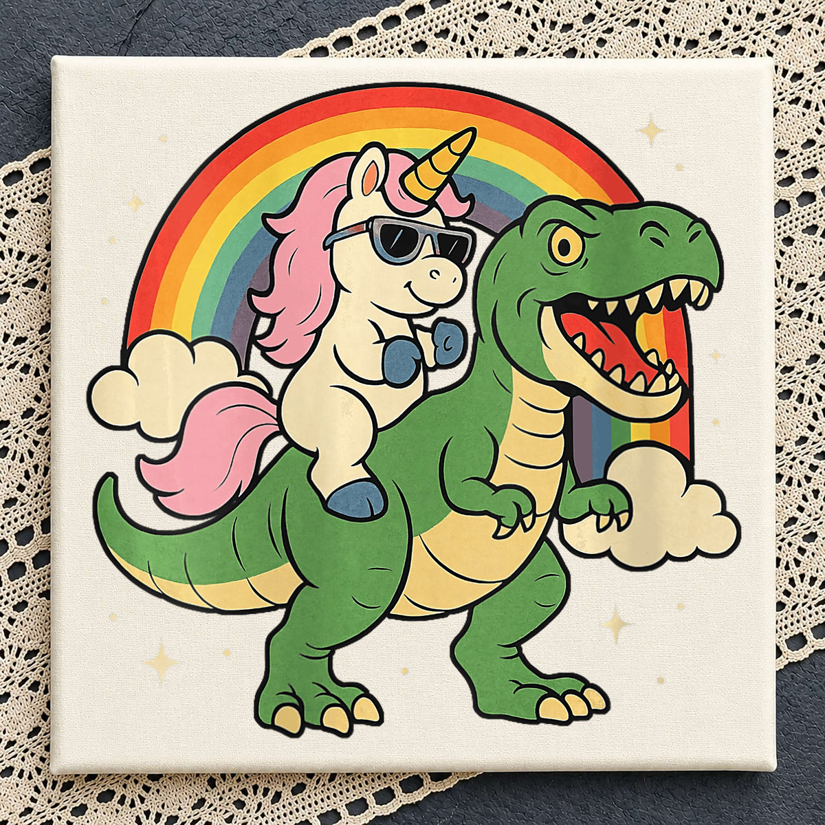Unicorn Riding Dinosaur PNG, Rainbow T-Rex Clipart, Funny PNG