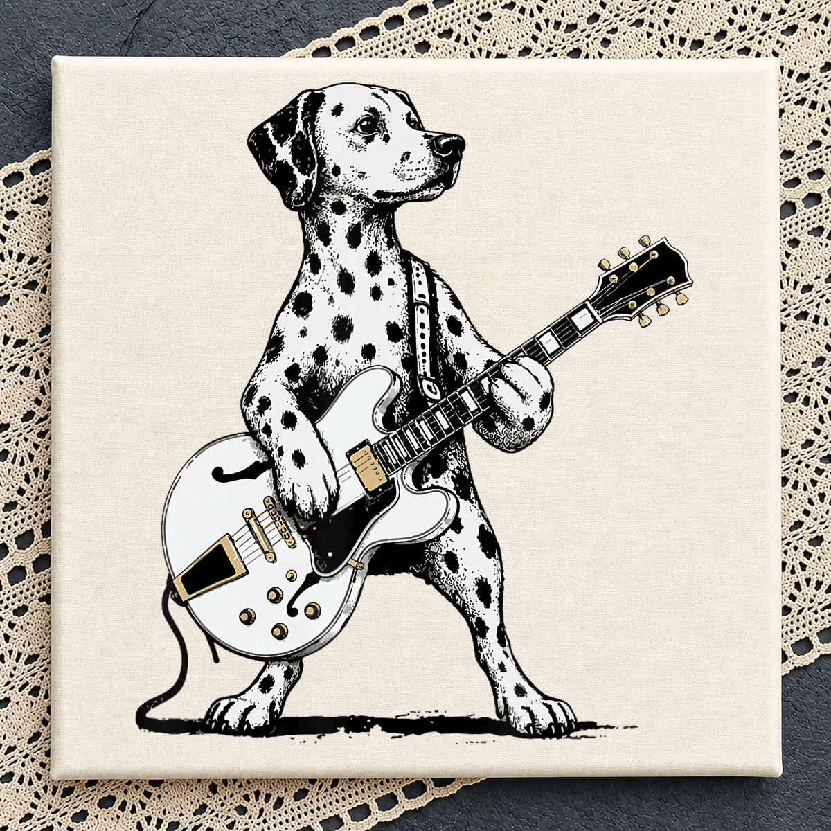 Dalmatian Playing Guitar Clipart, Black White Sketch Rock Dog, Music
