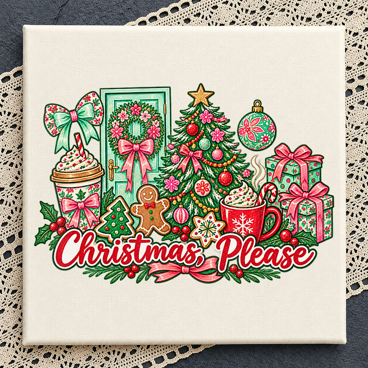 Christmas Please Sublimation Design, Coquette Bow Gingerbread Scene