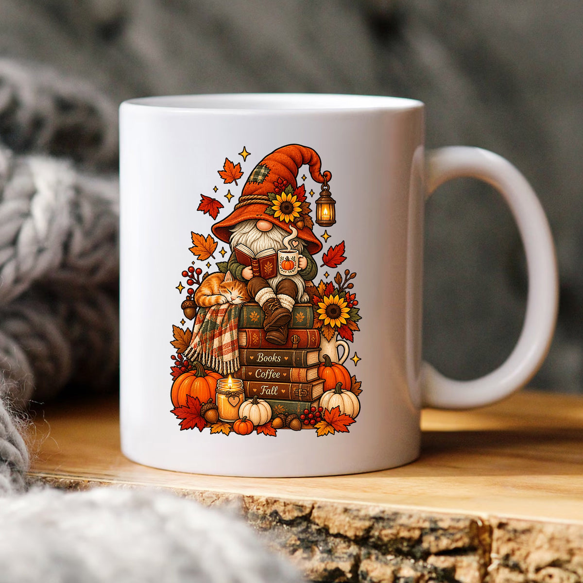 Fall Gnome Reading Books Coffee Clipart, Sunflower Pumpkin Cat Scene