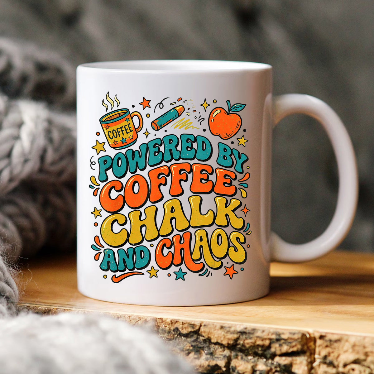 Powered By Coffee Chalk And Chaos Teacher Quote, Retro Groovy Apple