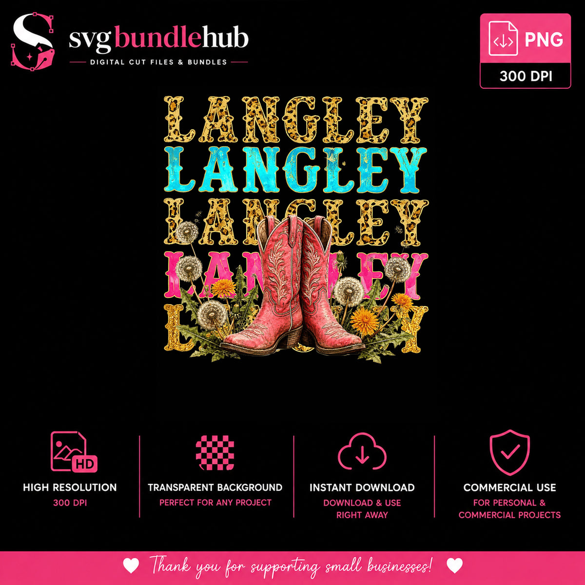 Langley Western Boots Dandelion PNG, Retro Cowgirl PNG, Name PNG