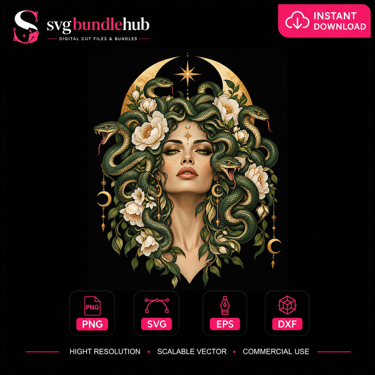 Medusa Floral Moon Snake Hair Goddess Portrait PNG
