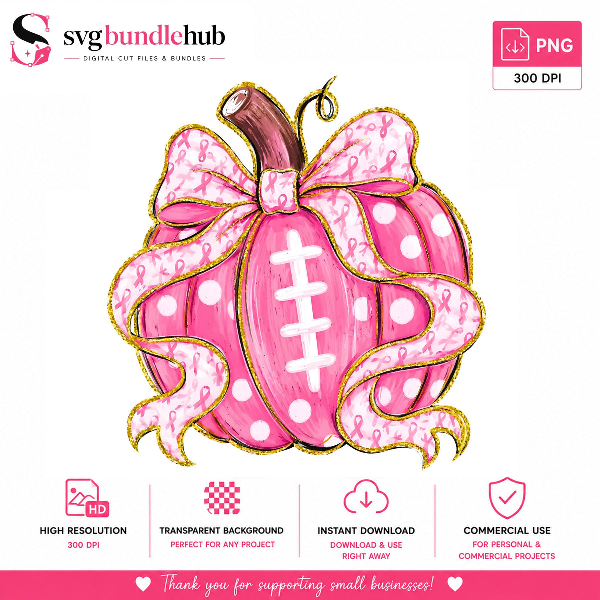 Pink Football Pumpkin Ribbon PNG, Breast Cancer Bow PNG, Glitter PNG