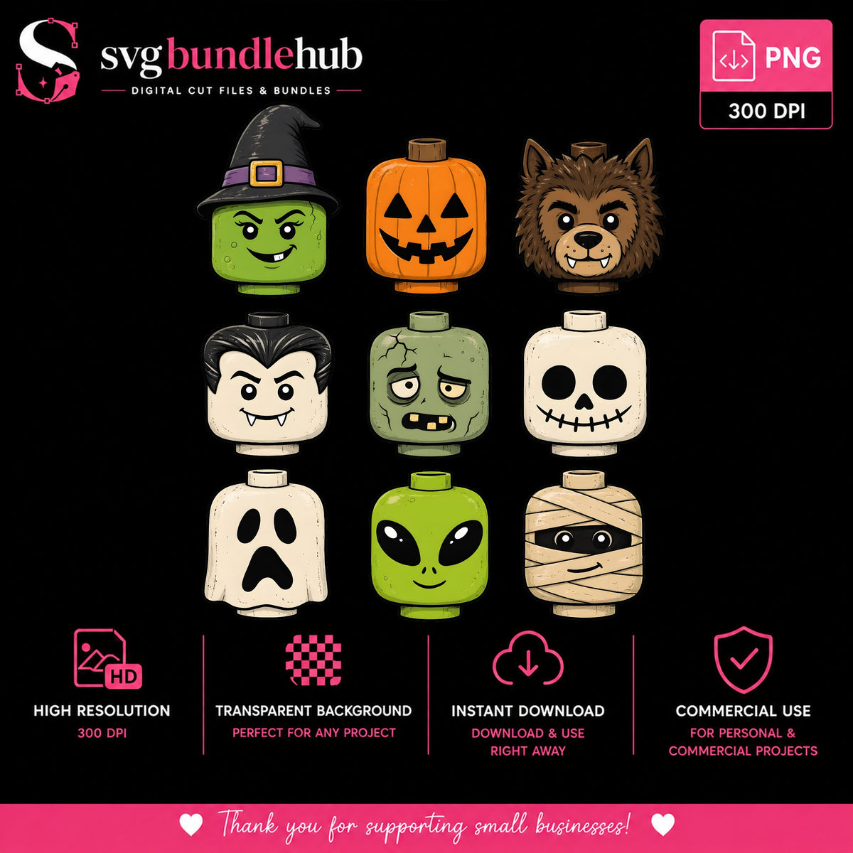 Halloween Brick Heads PNG, Toy Minifigure Monsters PNG, Kids PNG