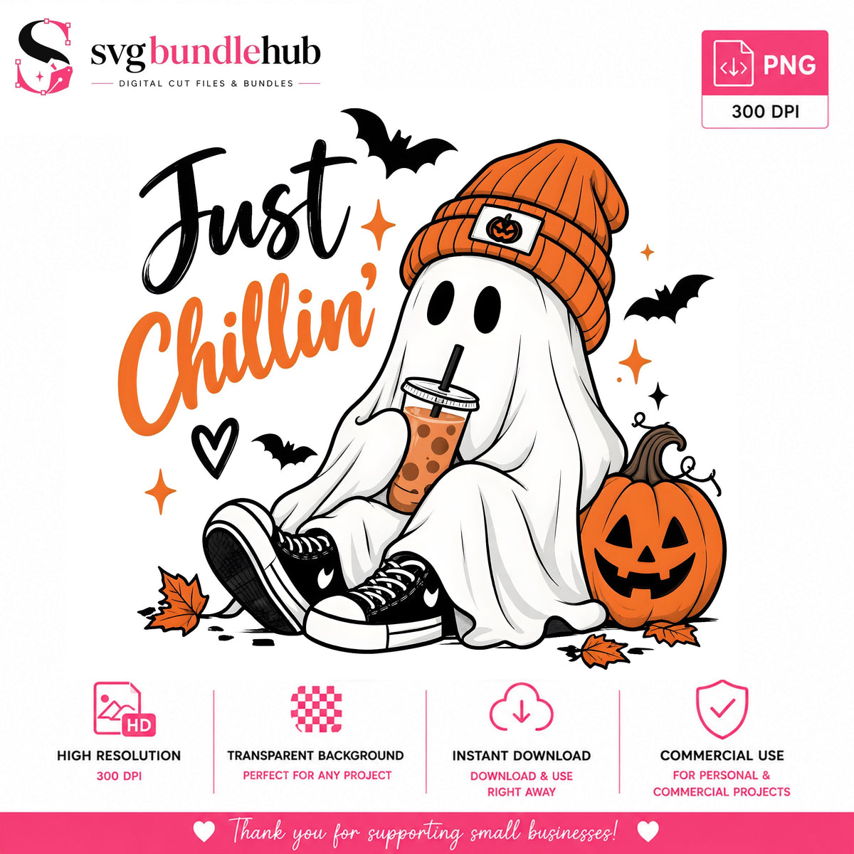 Just Chillin Ghost Beanie PNG, Iced Coffee Sneakers PNG, Pumpkin PNG